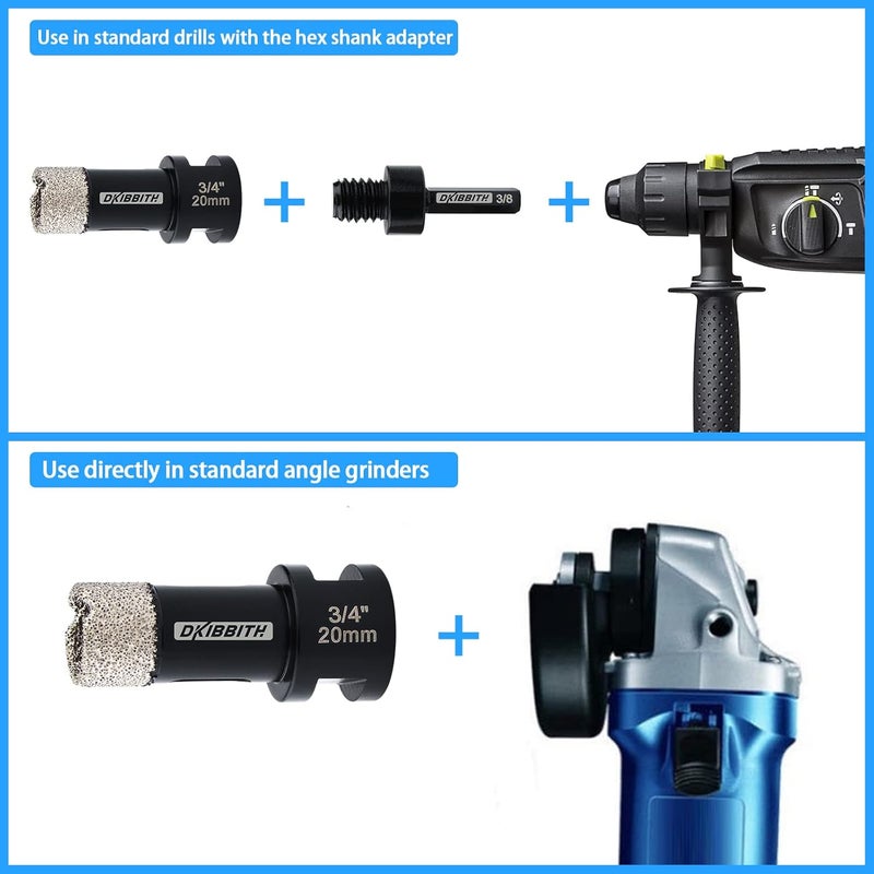 DKIBBITH Dry Diamond Core Drill Bits 3/4 Inch Tile 20mm Vacuum Brazed Angle Grinder Hole Saw for Porcelain Ceramic Granite Brick Concrete with 5/8-11 Thread to 3/8'' Hex Shank Adapter, Black - Image 3